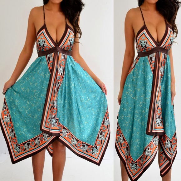 **SOLD** Blue Brown Satin Scarf Dress S M - Picture 2 of 8